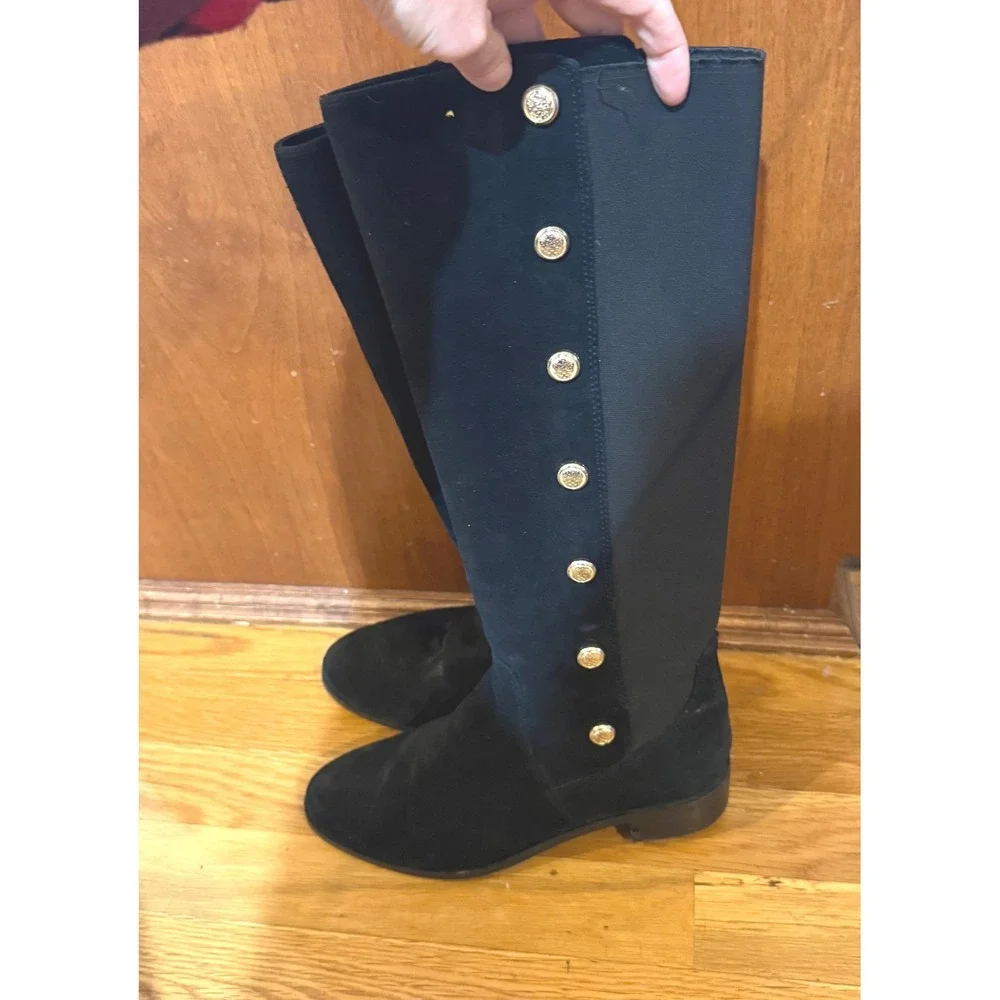 Vince Camuto Vacilla Black Suede Tall‎ Boots Gold Button Detail 7.5M 37.5